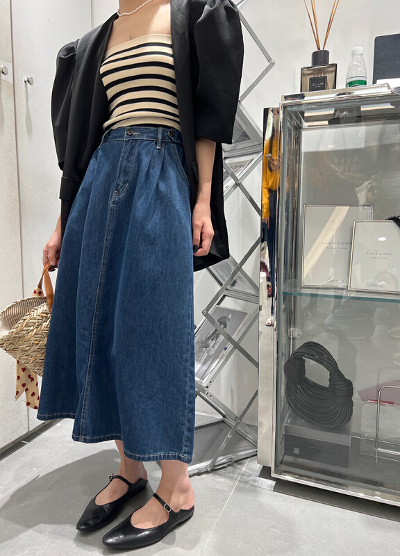 [t-platform] back elastic waist versatile medium length denim skirt 8515\zxx