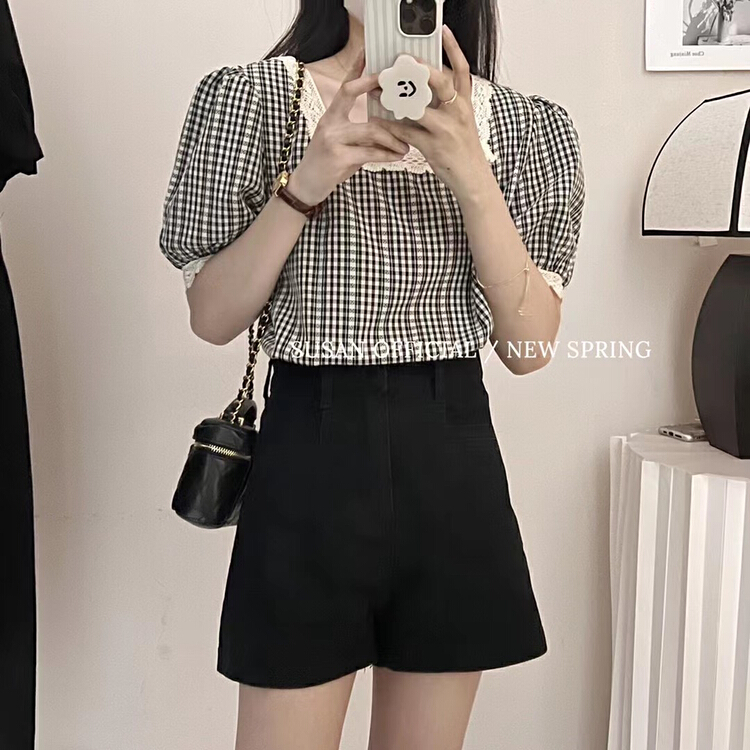 【 Susan 】 Square Neck Lace plaid shirt 19211\lsw