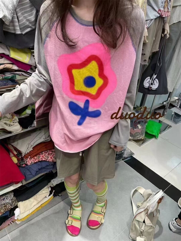 [new time /l&y home] Korean loose red floret comfortable long sleeve T-shirt 3103\xyy