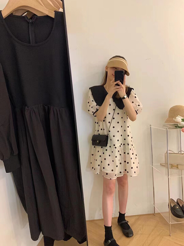 【 love 】 Korean bowknot age reduced large collar polka dot dress s1536\hbx