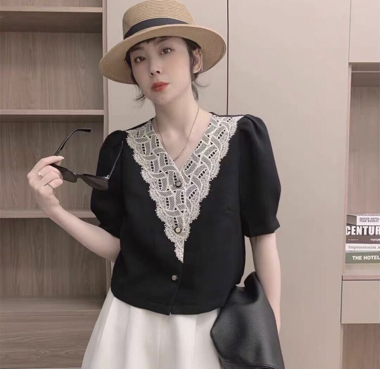 [I-D] Korean V-neck embroidered shirt ys8225\ll