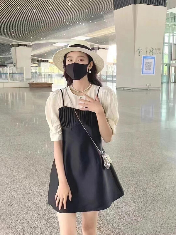 [Korean C family] Korean color contrast stitched fake two dresses 6440\pcz