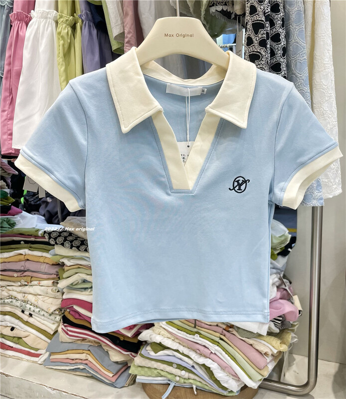 [Max original] contrast Lapel short letter Embroidery Shirt 98332\hbx