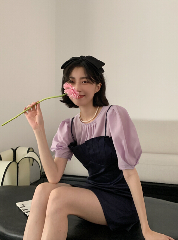 [new open] Korean color matching fake two piece bubble sleeve dress ml22861\zxx