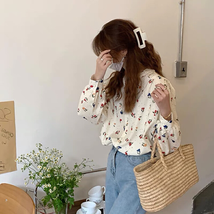New year in early spring! [blue show] Korean floral loose shirt 0598\lsw