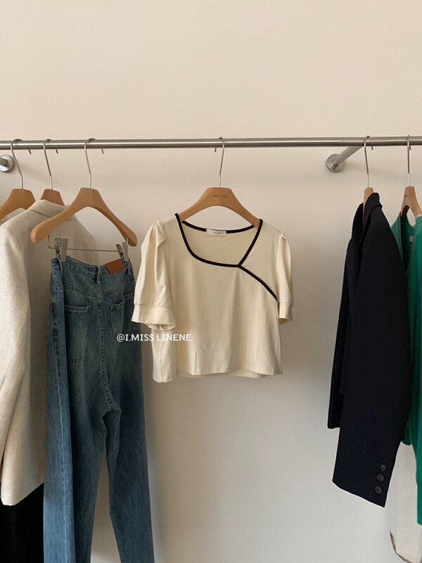 [Imiss] Korean version square neck contrast short sleeve T-shirt cx3362\lsw
