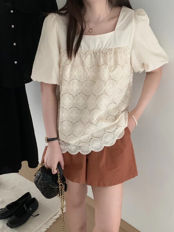 [o.lucky] square neck small fresh Embroidery Shirt 1897\hbx