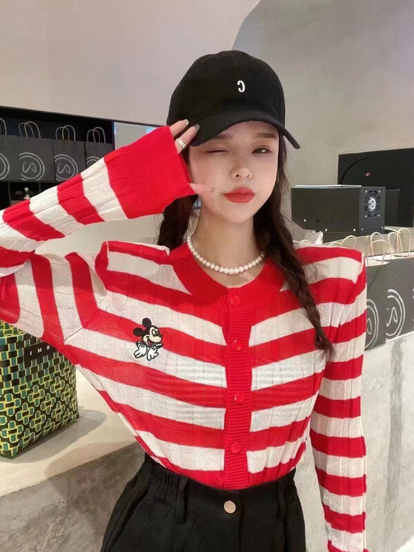 [c.h.z] Korean version simple and versatile Mickey stripe knitted cardigan 007749\wtt