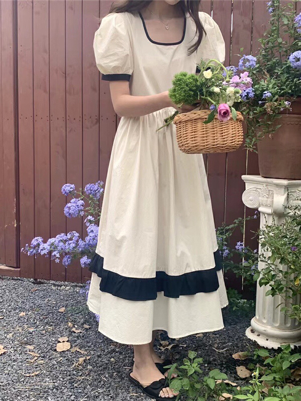 [wgwe] square neck bubble sleeve advanced French womanliness foreign style contrast color A-line skirt Korean style dress 1870\pcz