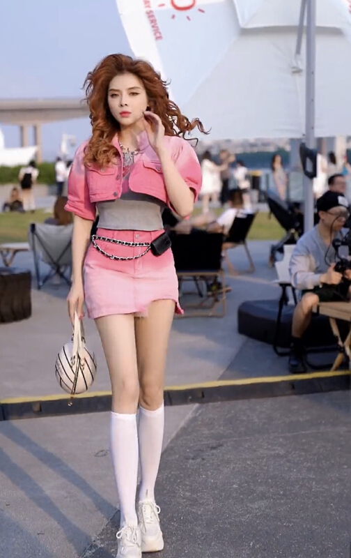 [JH] fresh and simple wash denim jacket + wash denim irregular skirt suit (with waist bag) 41875\pcz