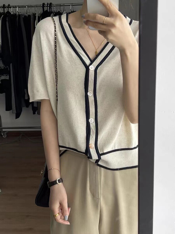 [h-xl] V-neck contrast edge versatile knitted cardigan m3031\ll