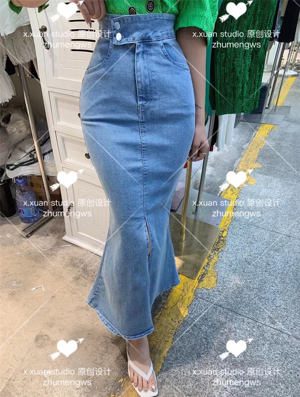 [x.xan] temperament advanced sense denim fishtail skirt 2306\pcz