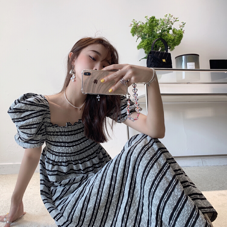 [Vanessa] French off shoulder bubble sleeve stripe long dress 6315\ozq