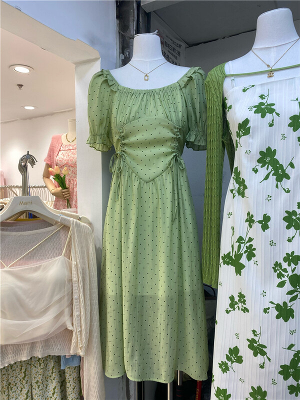 [Mina] square neck small fresh wave point lace up dress 6627\hbx