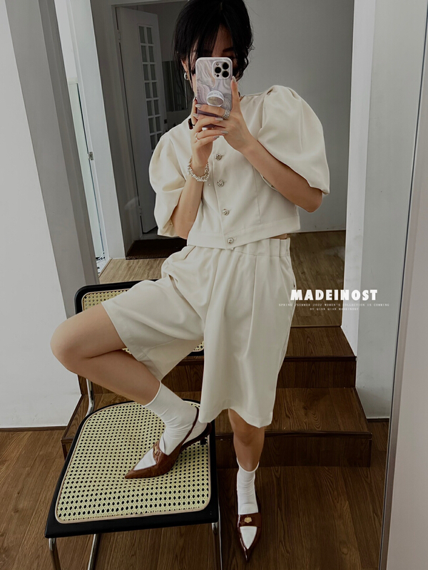 [OSHA madeinost] retro palace style top set (wide leg elastic waist pants) 86356\ll