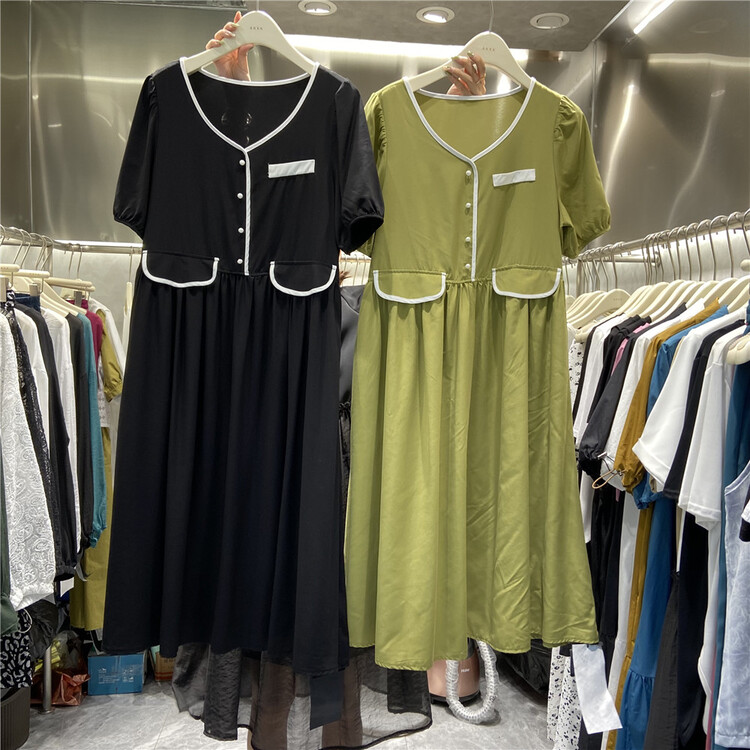 [akxk] V-neck color blocked lady Pleated Dress 4680\l