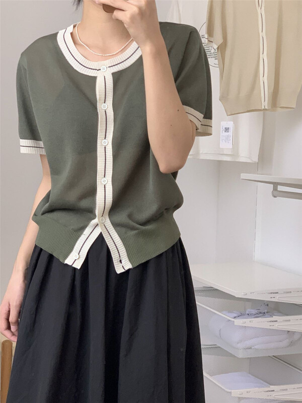 Tencel hemp yarn [clean space] Korean color blocking texture short sleeve knitted cardigan 32152\cqw