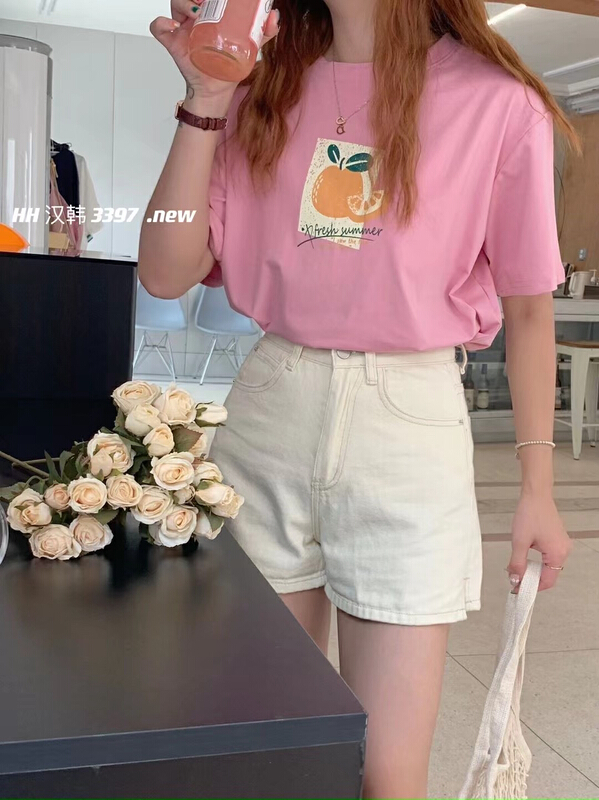[HH &miss Lai] Orange print Pullover short sleeve T-shirt 3397\l