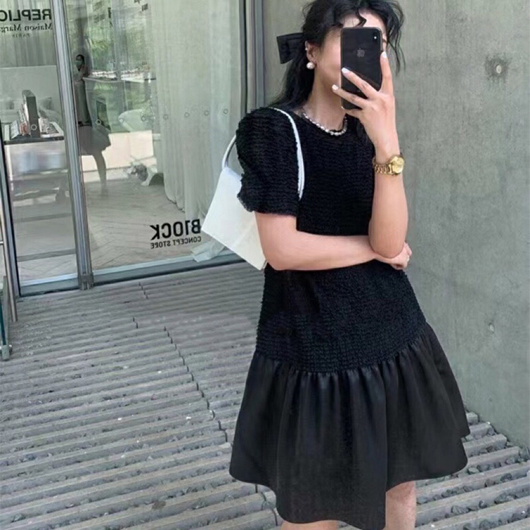 [TZM] round neck bubble sleeve pleated texture dress 9523\lsw
