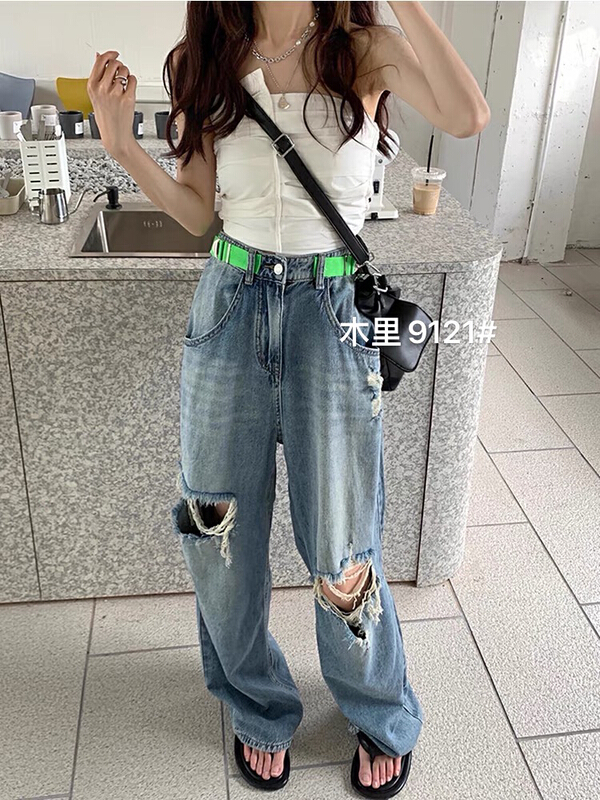 [jiajiatmmt Muli] Korean loose color matching torn jeans 9121\l