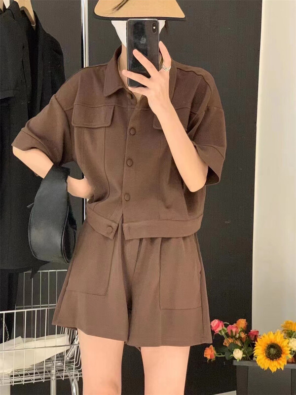 [jelly house] fashion simple single breasted shirt + versatile casual Shorts Set 9034\hbx