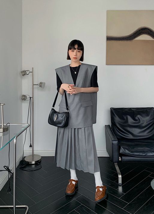 [Penny vogue] temperament V-neck Suit Vest + pleated slim skirt suit 66043\lsl