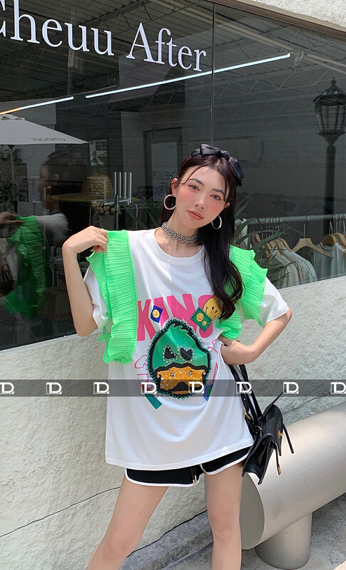 [tangdou original] heavy industry Nail Drill lace splicing Pullover short sleeve T-shirt 9668\wtt