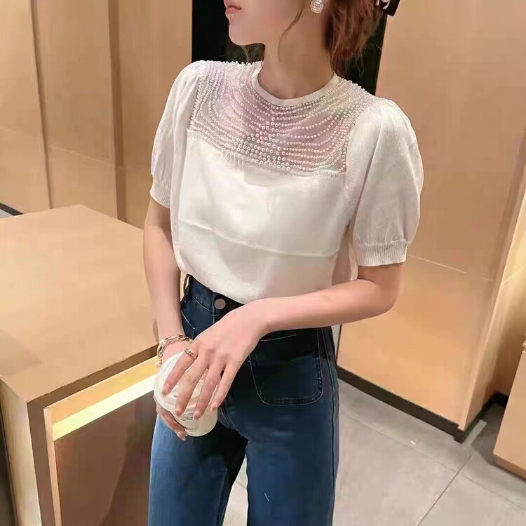 [S.J] exquisite pearl stitched little women's T-shirt 6939\lsw