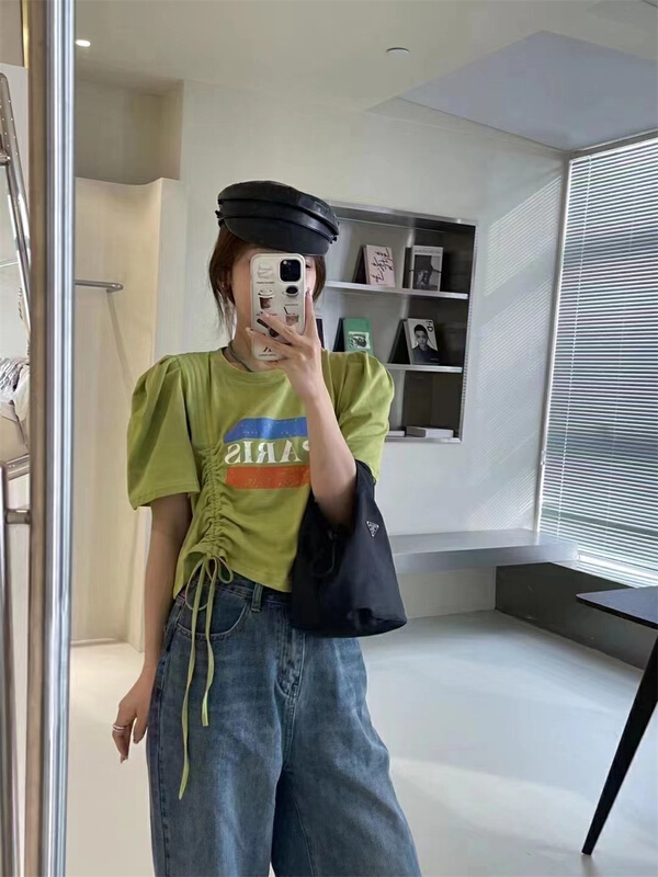 In early summer! [yoyo's] Korean round neck letter drawstring short sleeve T-shirt 8398\xyy