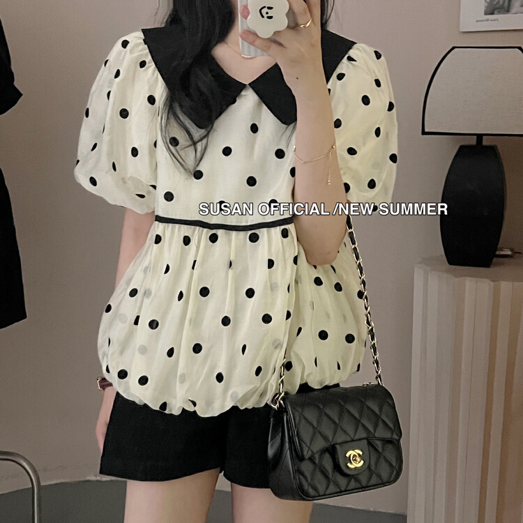 [Susan] Korean color contrast doll collar wave point bubble sleeve short shirt 19129\lsw