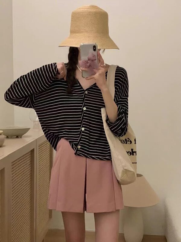 [tototellme] stripe V-neck ice silk blouse 20516-1\hbx
