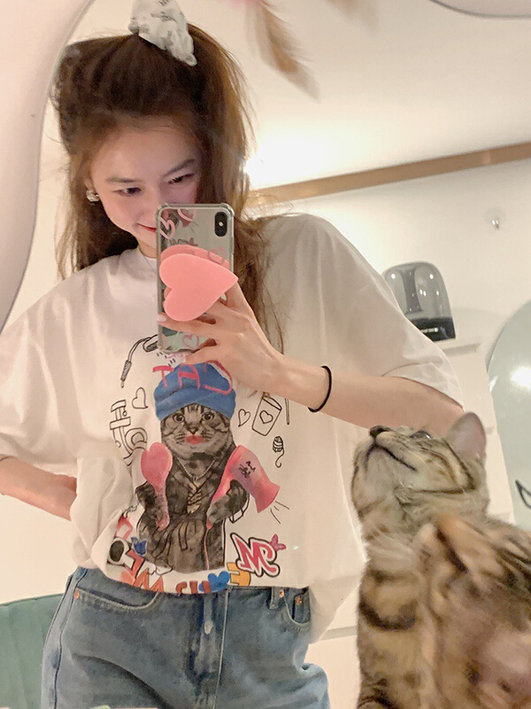 [wgwe] Aimei cat graffiti casual loose short sleeve T-shirt 1678\pcz