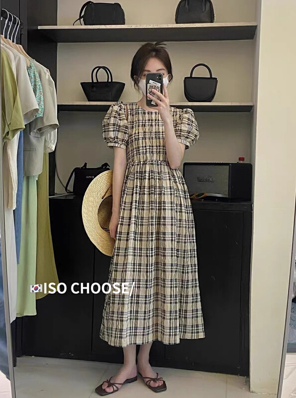 [ISO Korean] Plaid Pleated Dress 66261\hjy