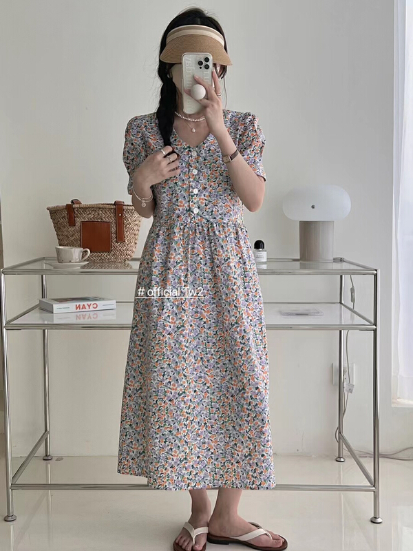 [TW2] Korean lady floral bubble sleeve dress 15281\hbx