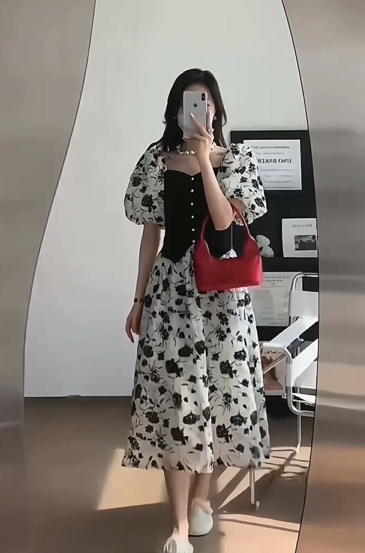 [JH] fake two pieces of contrast color Lantern Sleeve Dress 41847\pcz
