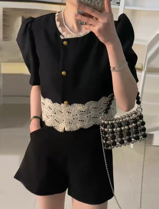 [Zoe Zoe] French retro lace edge bubble sleeve shirt c811\zjy