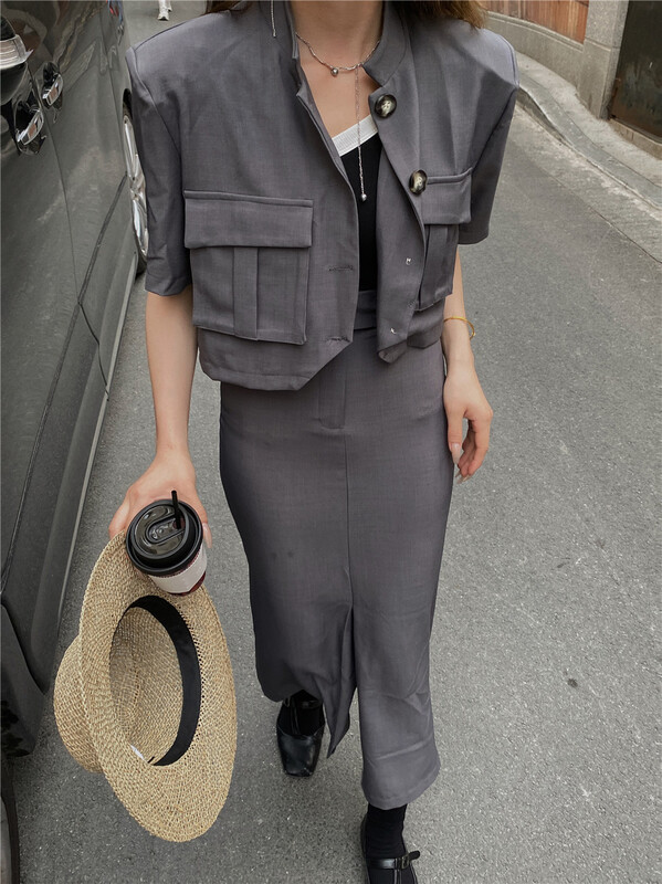 [semi plain] temperament double pocket short coat + slit skirt two piece suit v352\zsy