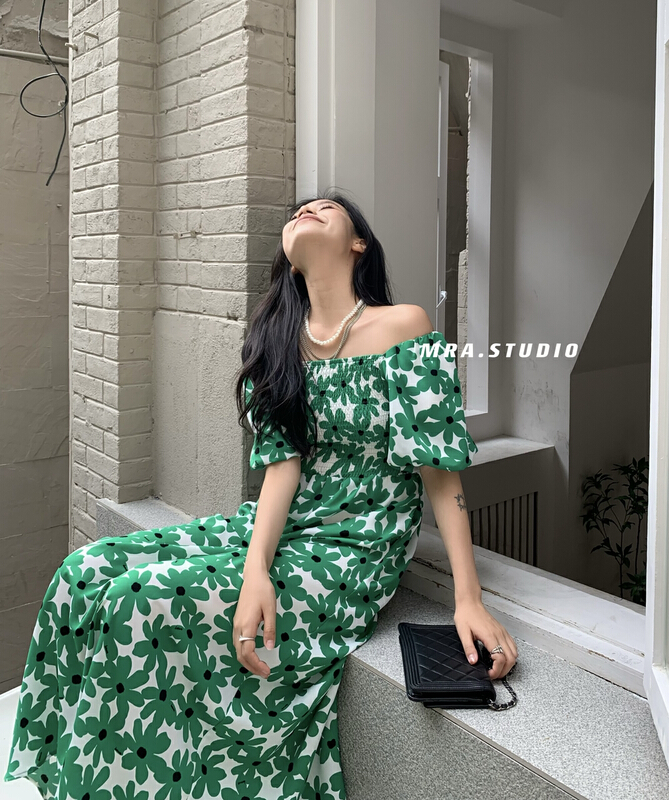 [MRA] French square neck bubble sleeve flower dress m9011