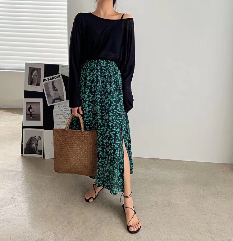 [be your self] lady slim slits green flower fishtail a swing skirt q66191\lsl
