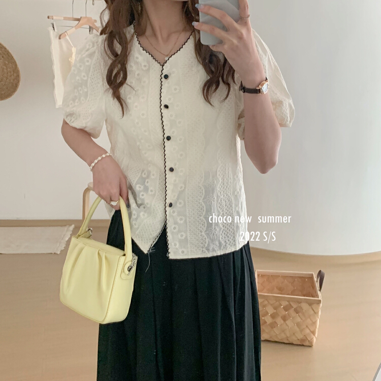 [choco] Korean V-neck button embroidered blouse (only selling blouses) 8304\hbx