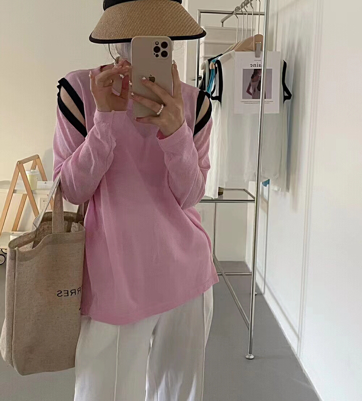 [ISO Korean] color blocked round neck versatile sunscreen shirt 7257\hjy