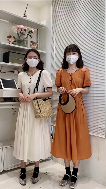 [c.hfeiyang] V-neck contrast color breasted Pleated Dress 6830\hbx