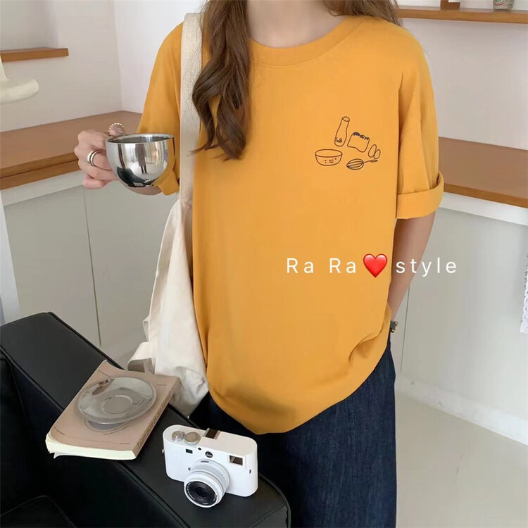 [rara] casual simple stroke tableware printed short sleeve T-shirt 97002\lsl