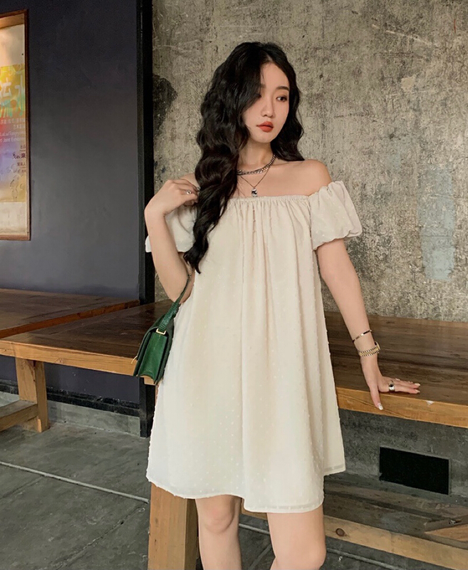 [savage] retro square neck off shoulder bubble sleeve solid jacquard polka dot dress e8625\wpl