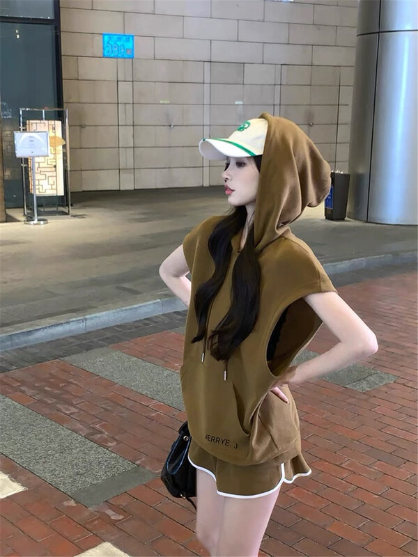 [MS studio] hooded large Pocket Vest + contrast casual Shorts Set 210\pcz