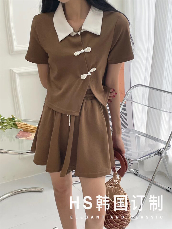 [HS customized in Korea] Korean color blocking short sleeve T-shirt + high waist slim Shorts Set 65288\hjy