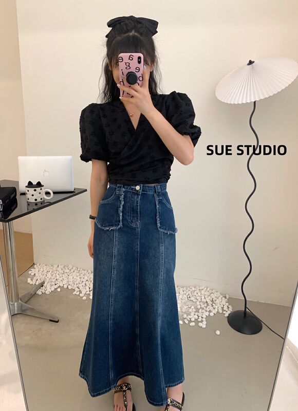 [Sue studio] Korean fishtail pleated denim skirt 8313\zjy