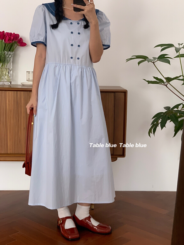 [table blue] Korean retro contrast collar embroidered dress 2165\lsw