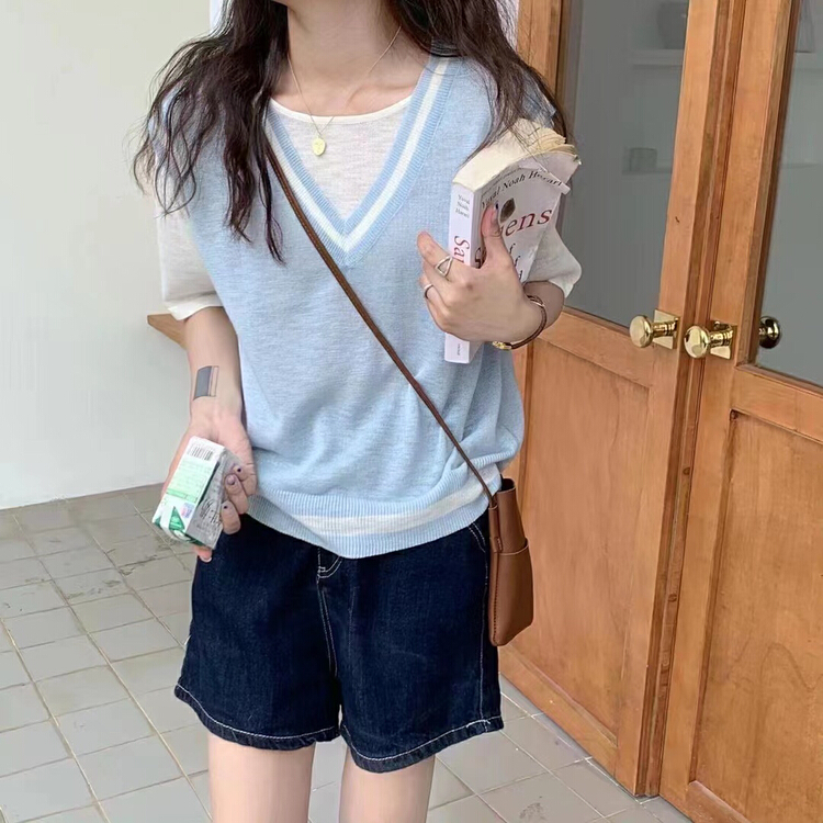 [S.J] fake two-piece stitching design sense of minority loose and thin T-shirt 6903\lsw