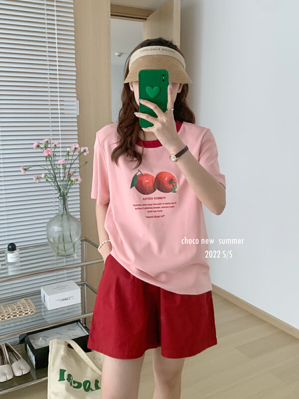 [choco] Korean color contrast Apple print short sleeve T-shirt 8320\hbx